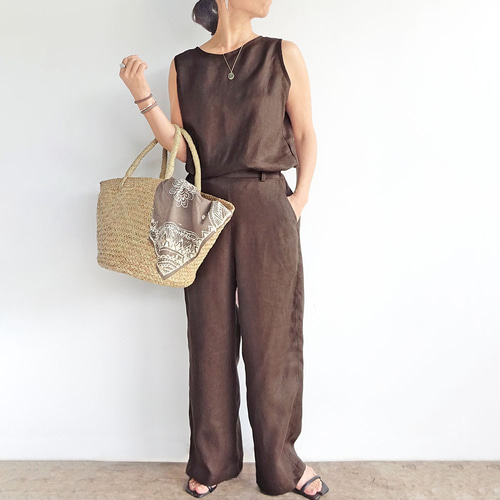 2サイズ バックボタンが可愛いリネンセットアップパンツ（ブラウン