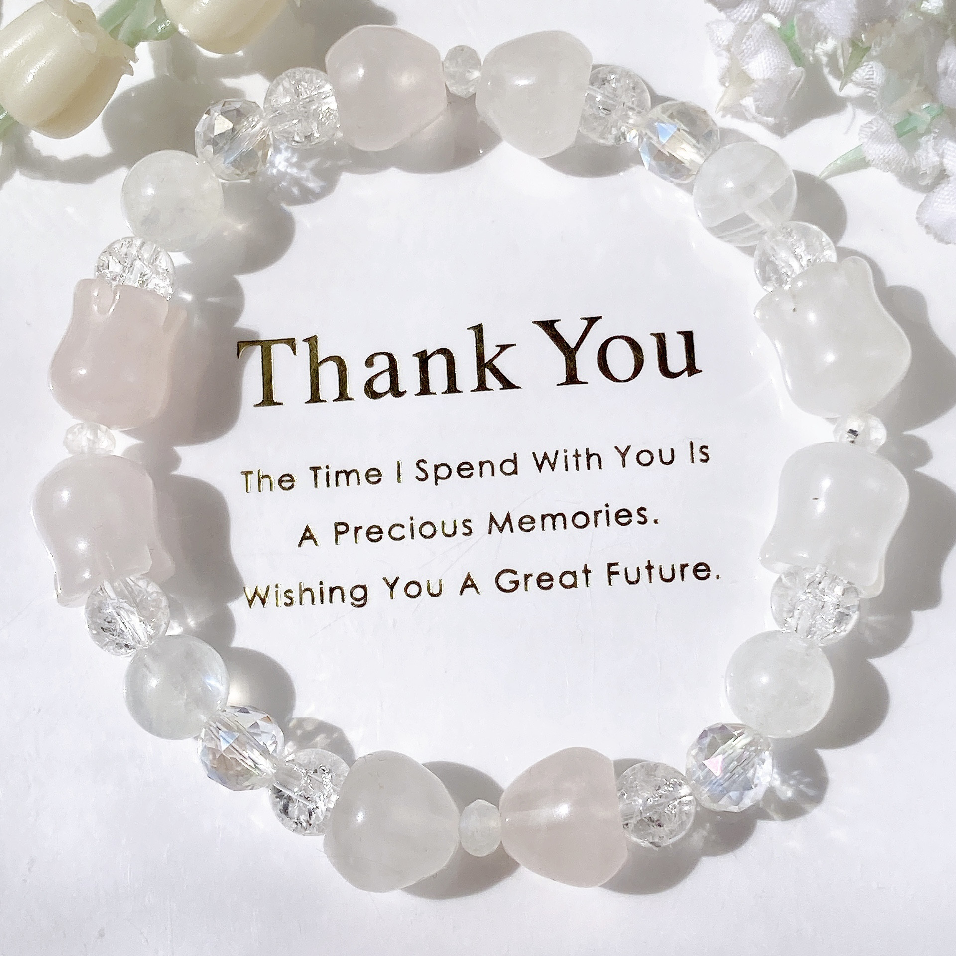 ローズクォーツ鈴蘭ちゃんリボンブルームーンストーン天然石ブレスレット