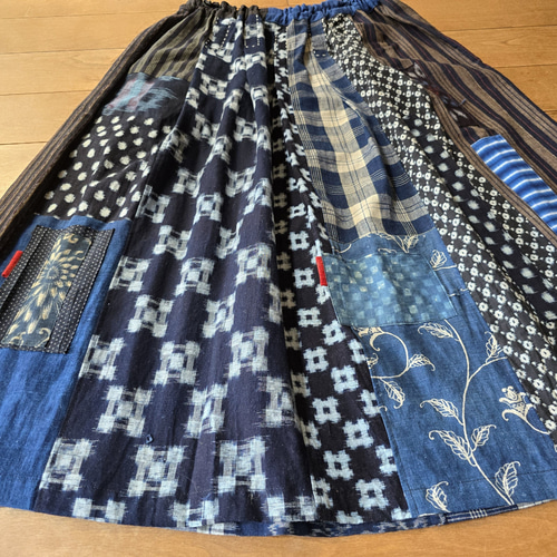 着物リメイク 手作り 絣 型染め 絵絣 パッチ ギャザースカート