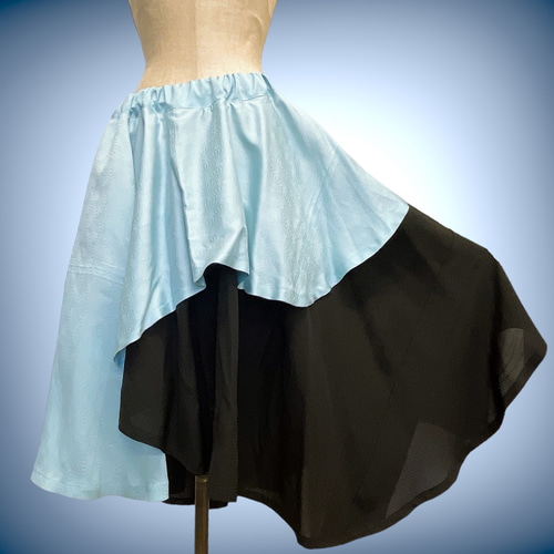 サッシュベルト付き 黒水色 フリル袖セットアップ 着物リメイク