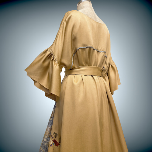 着物リメイク　ギャザー　ワンピース　振袖　ドレス　ロング　フレア　螺鈿　金銀彩 着物リメイク ギャザー ワンピース 振袖 ドレス ロング フレア