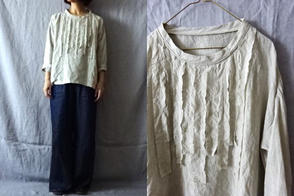 【受注制作】淡グレー/天日干し薄手60リネン　細フリル/ゆるり長袖プル 6,004円