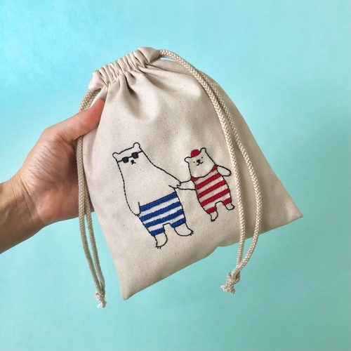 手刺繍＊巾着ポーチ（白くま親子） ポーチ ココカカオ 通販 18097492  