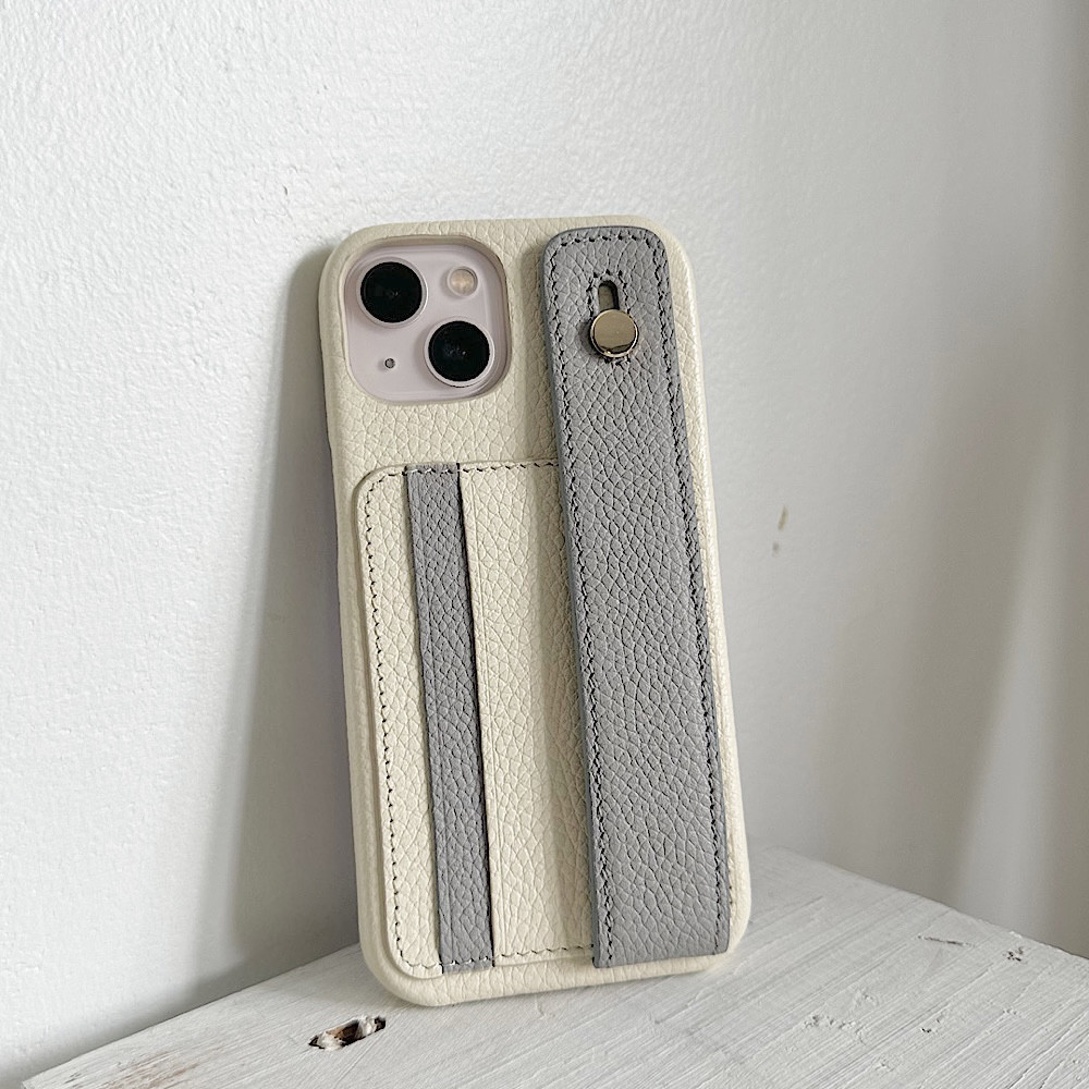 名入れ可　 本革　レザー カード収納 ハンド付き 　レザーiphoneケース　ivory+newlightgrey