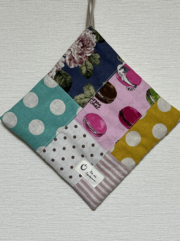 ハンドメイド+ポットマット+鍋敷き+パッチワーク+マカロンネコ