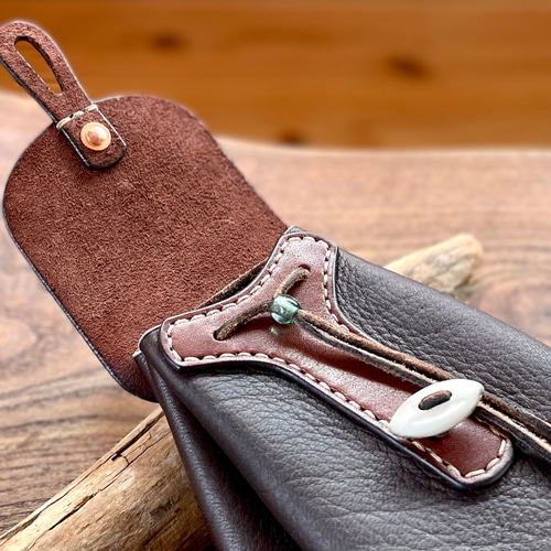 鹿革ベルトポーチ 刻印サービス付［ダークブラウン］／本革 巾着バッグ