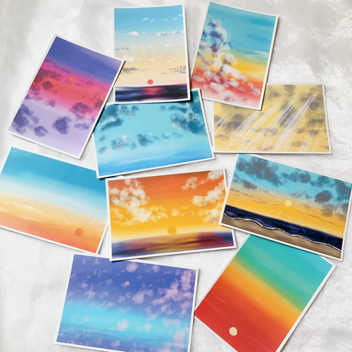 秋空 10枚セット ポストカード ハガキ イラスト 夕日 かわいい