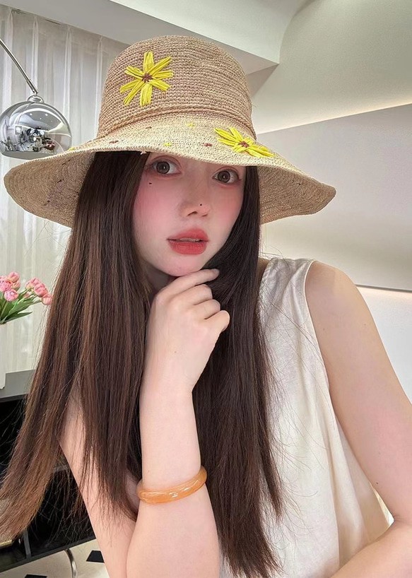 ラフィアハット、フレンチスタイルの帽子、麦わら帽子、夏用 