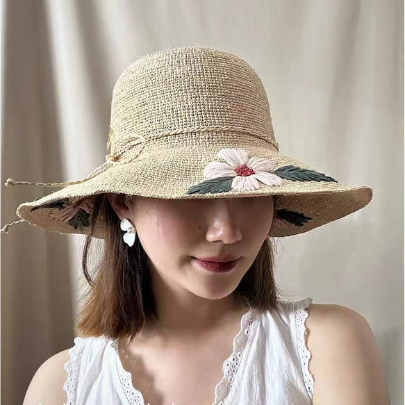 ラフィアハット、フレンチスタイルの帽子、麦わら帽子、夏用 