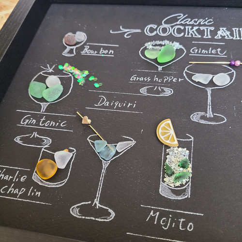 カクテルバー〉シーグラスアート A4サイズ 手描きアート＊ショットバー