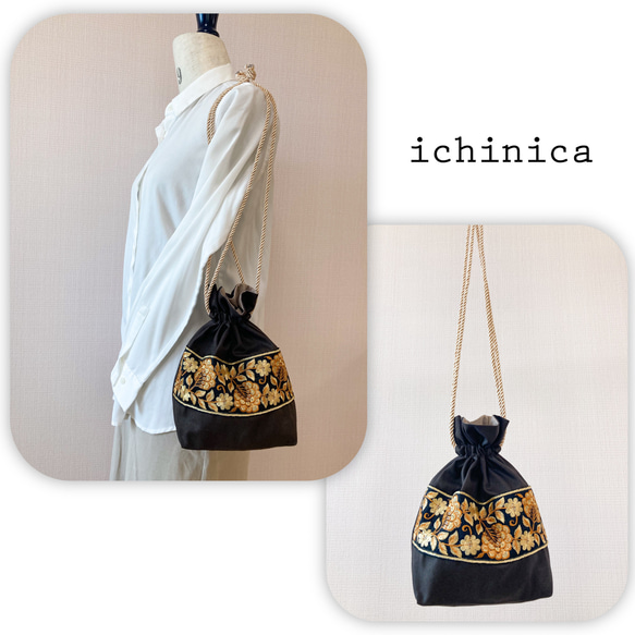 インド刺繍生地　巾着バッグ　合皮　ショルダーバッグ　ハンドメイド　チュール インド刺繍生地 巾着バッグ 合皮 ショルダーバッグ ハンドメイド