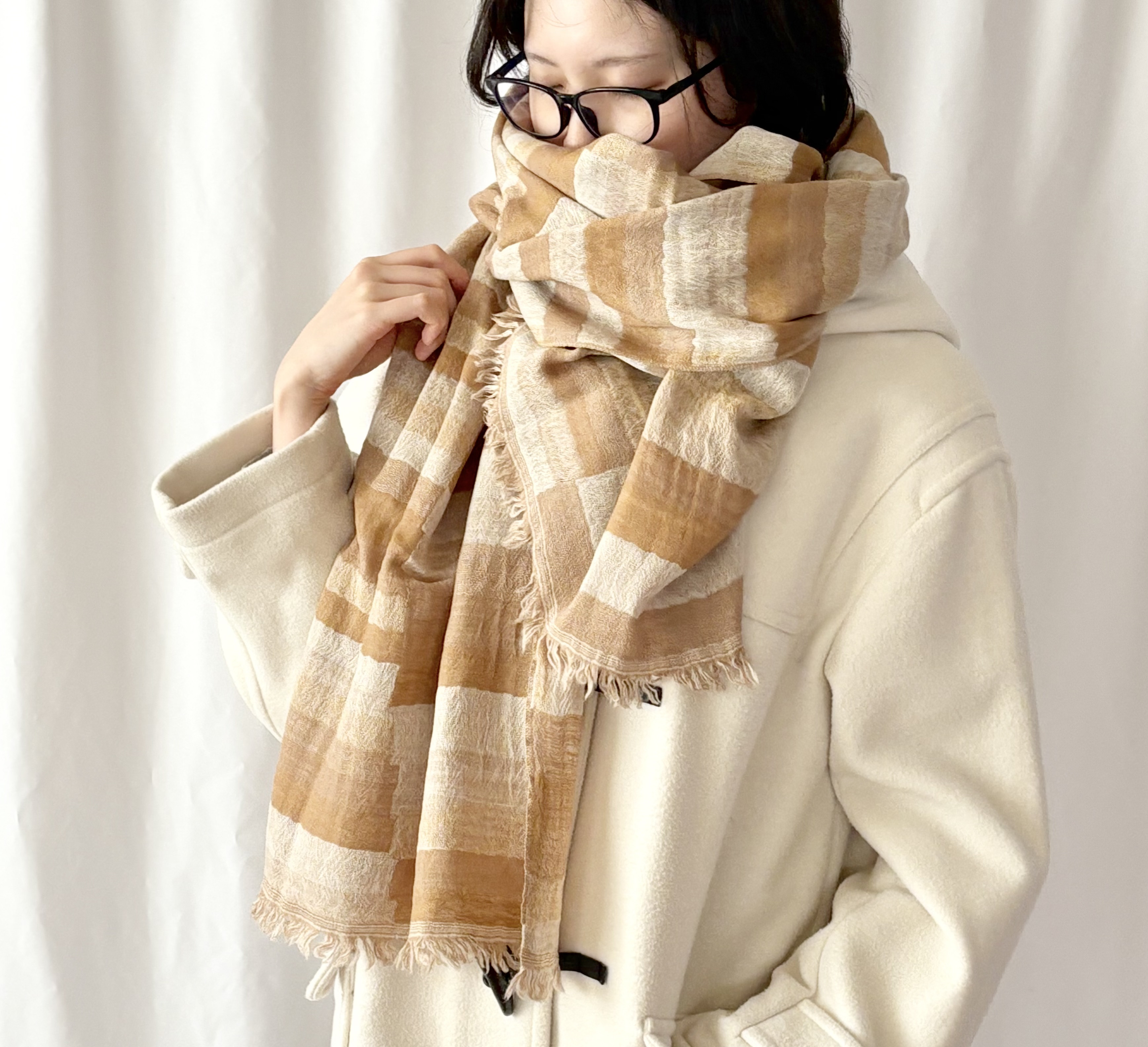 【中厚地】大判ベージュ・マルチブロックストール　 ウールストール　ベージュ系　秋冬