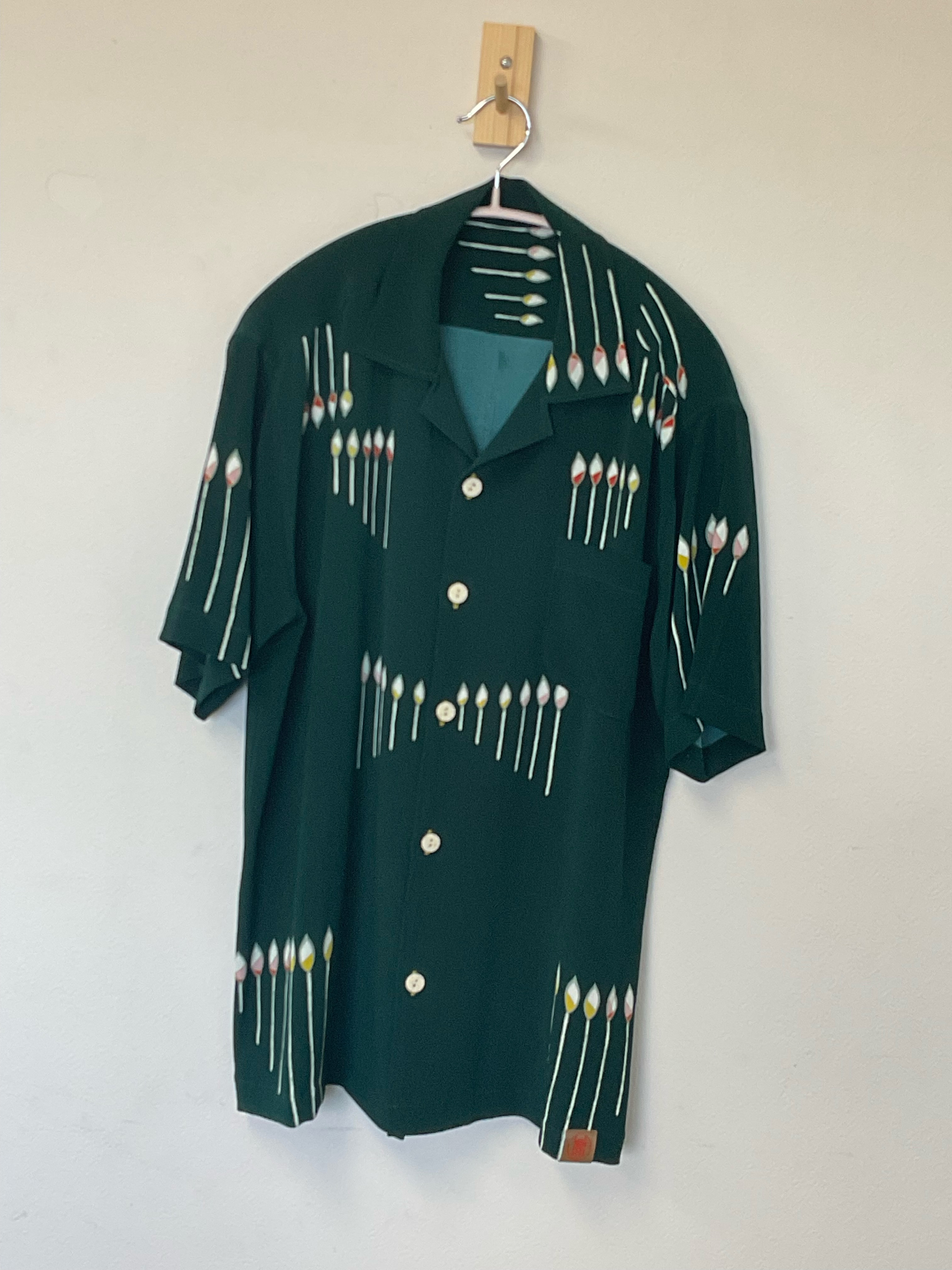 ヴィンテージ着物アロハ　深緑　ローソク　アロハ　ユニセックスM