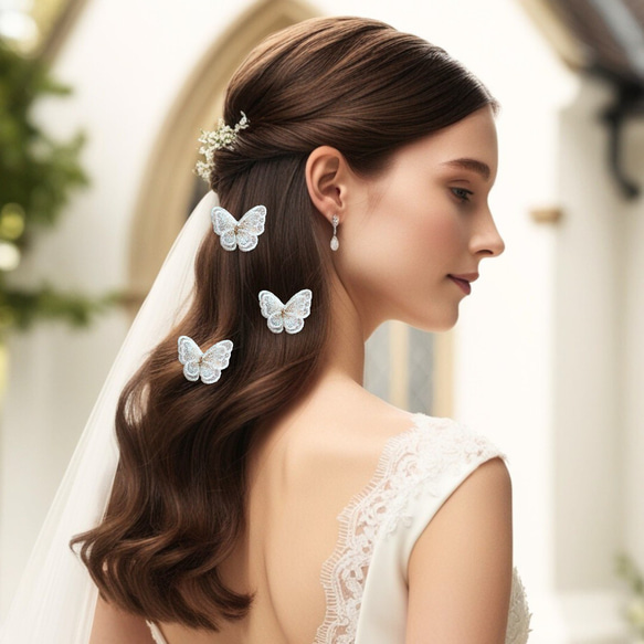 3つセット　蝶々レースのヘアクリップ　二枚羽　結婚式など特別な日に　❁オプション❁コットンパールのヘアピン 4枚目の画像