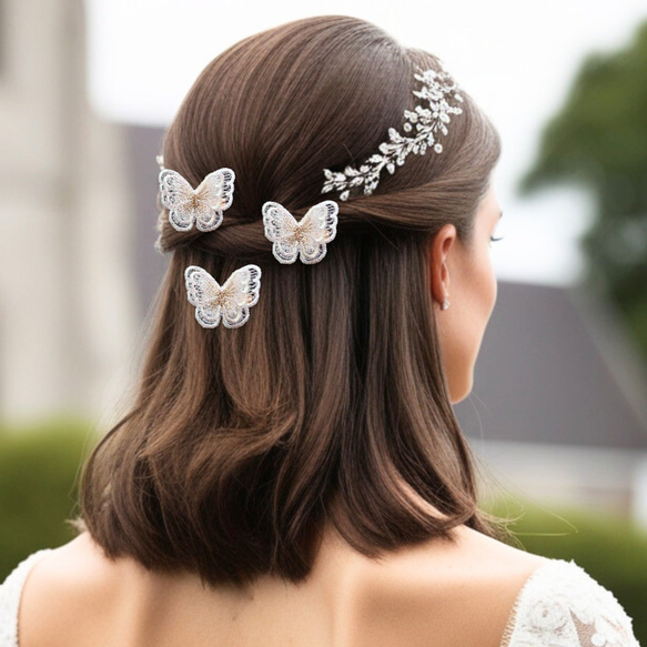 3つセット　蝶々レースのヘアクリップ　二枚羽　結婚式など特別な日に　❁オプション❁コットンパールのヘアピン 6枚目の画像