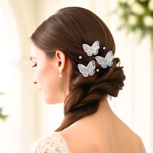 3つセット 蝶々レースのヘアクリップ 二枚羽 結婚式など特別な日に
