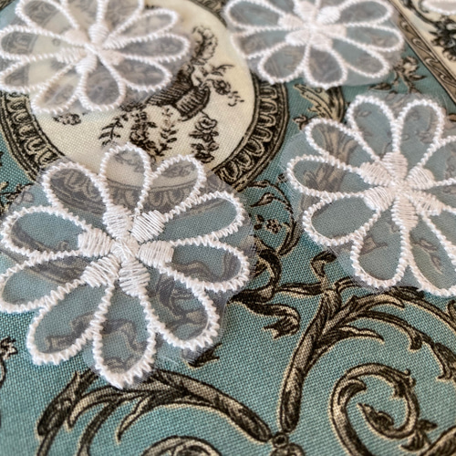 アンティーク 家鴨アップリケ刺繍 繊細な水鳥＆水草花アランソンレース クロス β 新商品！アンティーク調でお洒落！『レースアップリケ 花モチーフ