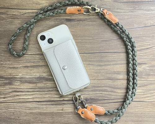 3Way 本革×パラコード スマホショルダーストラップ カーキミックス