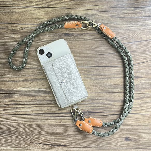 Demiurvo iPhone 13pro ケース ストラップ カーキ 3Way 本革×パラコード スマホショルダーストラップ カーキミックス