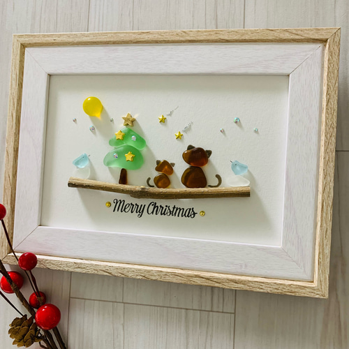 シーグラスアート 海の宝石 インテリア雑貨 寄り添う猫ちゃん