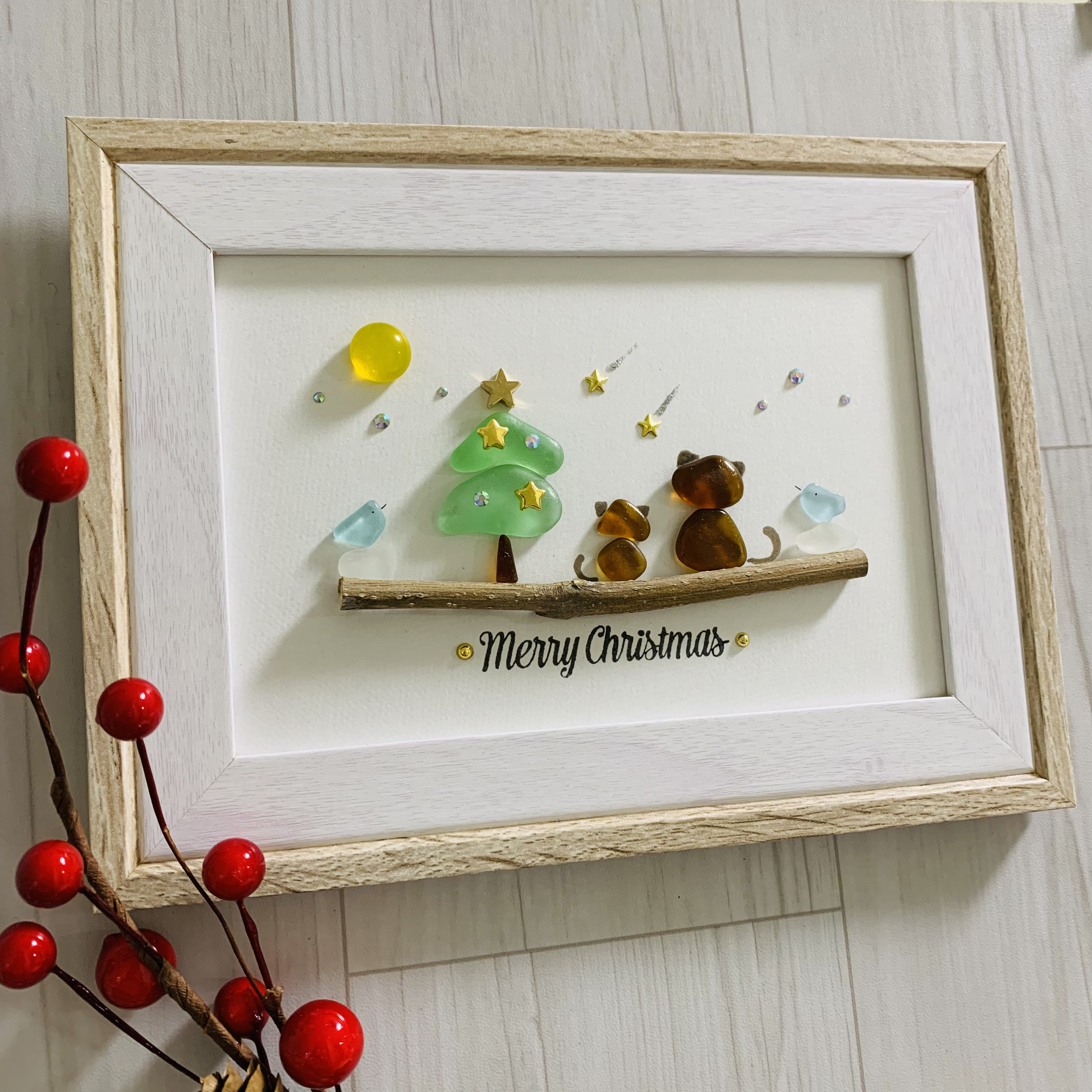 シーグラスアート 海の宝石 インテリア雑貨 寄り添う猫ちゃんシルエット クリスマスツリーガラス細工  プレゼント 贈り物