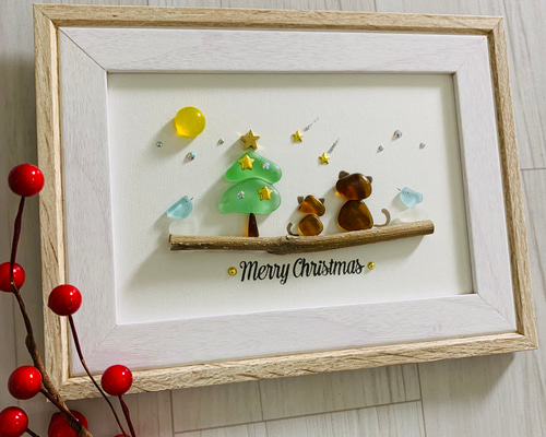 シーグラスアート 海の宝石 インテリア雑貨 寄り添う猫ちゃん