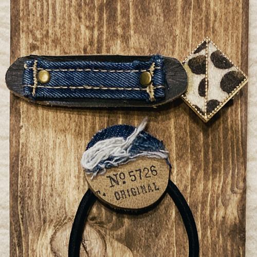 ̮デニム×レザーのヘアアクセサリー ペアセット
