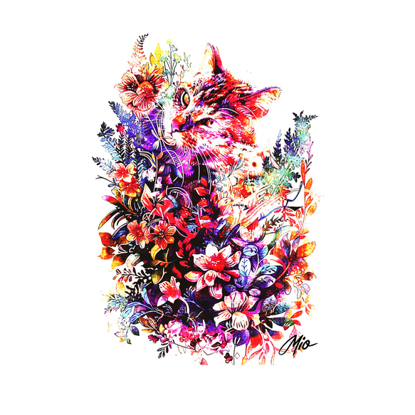 猫の絵　花 猫 花 A5サイズ キャット フラワー イラスト Mio 2 イラスト