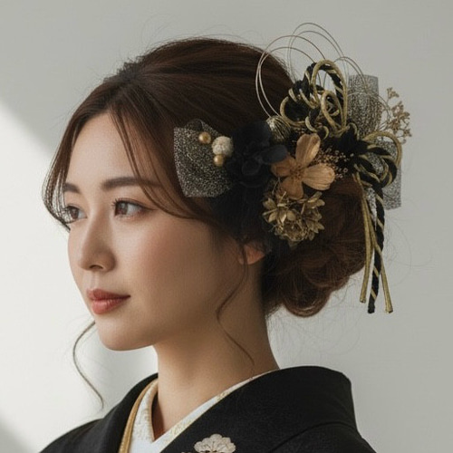 ブラック×ゴールド 成人式髪飾り 卒業式 ウェディング ヘッドドレス