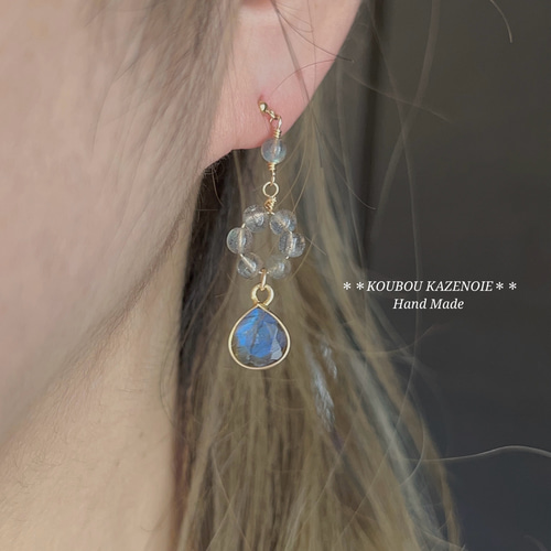 ラブラドライト◇サークルドロップ14kgfピアス◇受注制作 ※イヤリング  