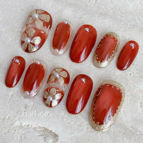 紅】 ネイルチップ 成人式ネイル 赤 赤色 フラワーネイルチップ