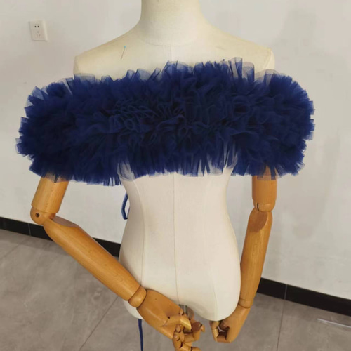 取り外しオフショルダー ネイビー ソフトチュール 編み上げ 花嫁  