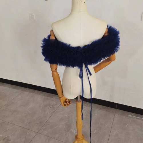 取り外しオフショルダー ネイビー ソフトチュール 編み上げ 花嫁  