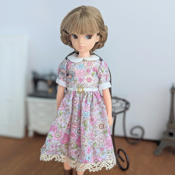 リカちゃん 丸えりワンピース くろ 1173【復刻版初代リカちゃん】花柄の丸襟ワンピース※リカちゃんアウト
