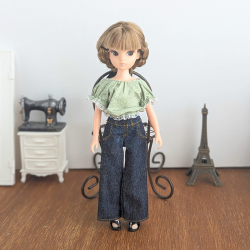 リカちゃん　リブワイドパンツ　セット 1177【復刻版初代リカちゃん】ハイウエストワイドデニムパンツ