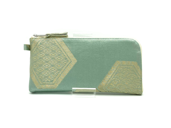 L字ファスナー長財布ポーチ 正絹 袋帯有織文様亀甲柄 (薄緑銀系  