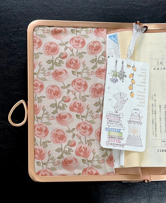 がま口ブックカバー450ページ対応＊リバティ&ガーデンラビット＊すずらんとうさぎ＊ローズ•マリー＊りぼん結びピンクG 14枚目の画像