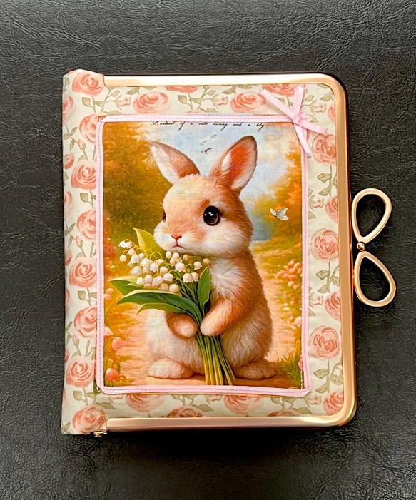がま口ブックカバー450ページ対応＊リバティ&ガーデンラビット＊すずらんとうさぎ＊ローズ•マリー＊りぼん結びピンクG 1枚目の画像
