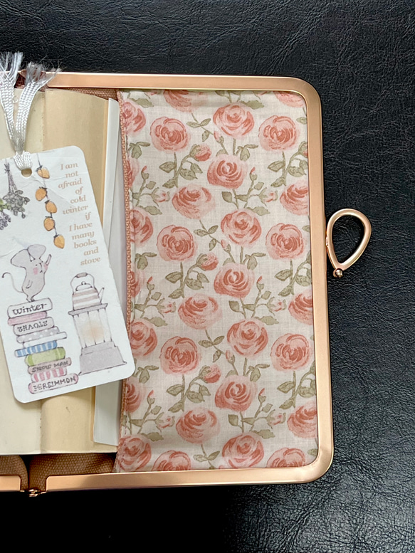 がま口ブックカバー450ページ対応＊リバティ&ガーデンラビット＊すずらんとうさぎ＊ローズ•マリー＊りぼん結びピンクG 13枚目の画像