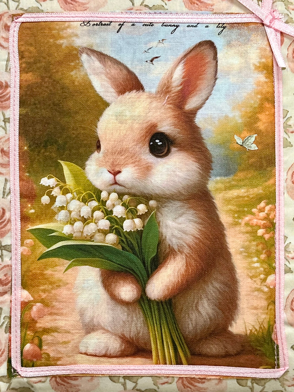 がま口ブックカバー450ページ対応＊リバティ&ガーデンラビット＊すずらんとうさぎ＊ローズ•マリー＊りぼん結びピンクG 15枚目の画像