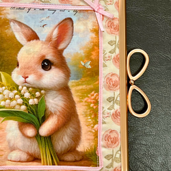 がま口ブックカバー450ページ対応＊リバティ&ガーデンラビット＊すずらんとうさぎ＊ローズ•マリー＊りぼん結びピンクG 16枚目の画像