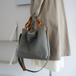 帆布の2WAY革持ち手トートバッグ（カーキ）内ポケット５室！ 2枚目の画像