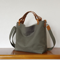 帆布の2WAY革持ち手トートバッグ（カーキ）内ポケット５室！ 9枚目の画像