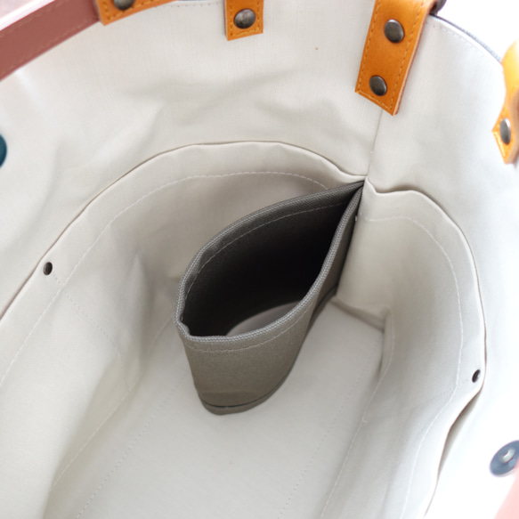 帆布の2WAY革持ち手トートバッグ（カーキ）内ポケット５室！ 10枚目の画像