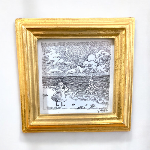 ミニ原画】「一日の終わり」ペン画 海の風景画の絵画 絵画 森の