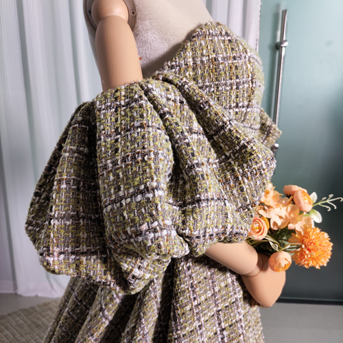 送料無料！パーティードレス ツイードドレス グリーン パフスリーブ  