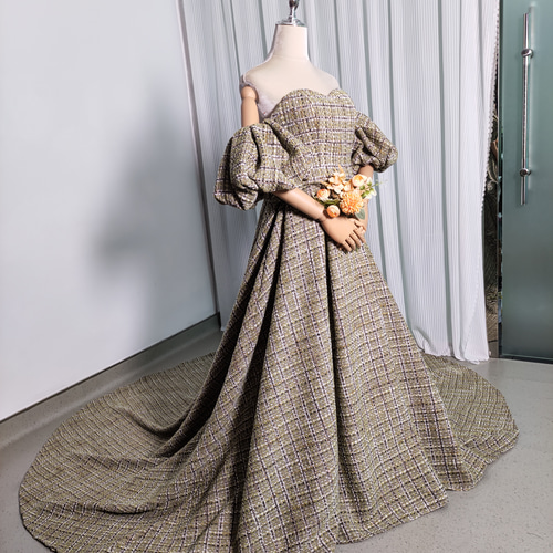 送料無料！パーティードレス ツイードドレス グリーン パフスリーブ  