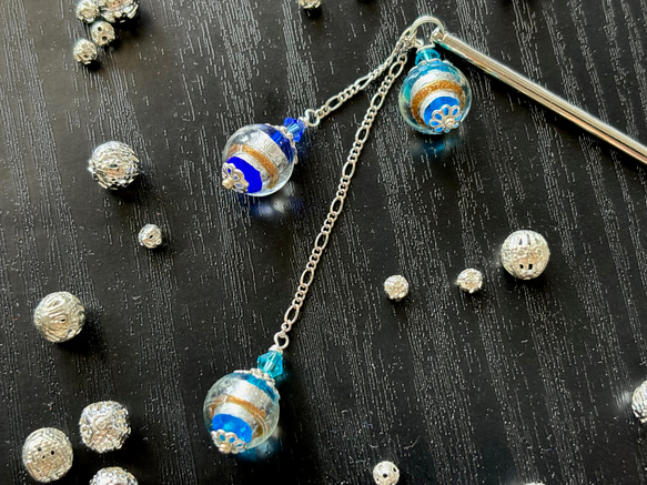 かんざし 水色＆青と銀箔調の和風とんぼ玉 一本挿し 一本簪 トンボ玉