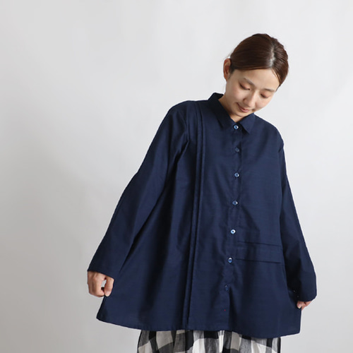 最終sale　 ギマ擬麻コットン　アシンメトリー　縦横タック　開襟 シャツ　ジャケット ゆったり 羽織り　ネイビーA19B 夏／最終SALE ギマ擬麻コットン アシンメトリー 縦横タック