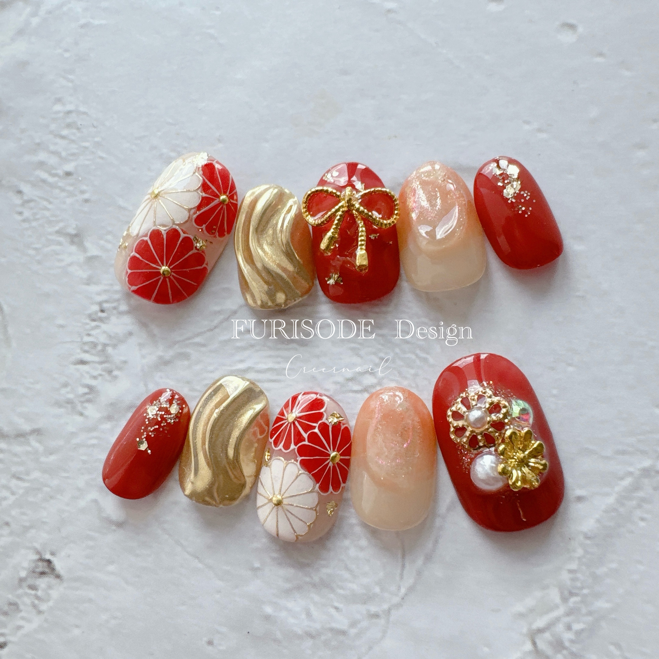 【サイズオーダーNo.161】ネイルチップ 振袖　成人式 赤